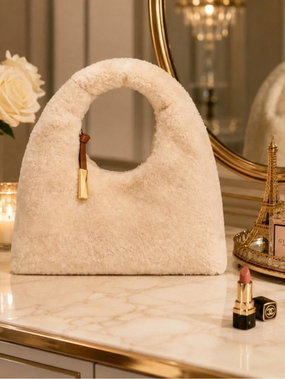 I.N.C. International Concepts Nyrah Faux Fur Hobo Bag Cream Cozy Winter NWT
